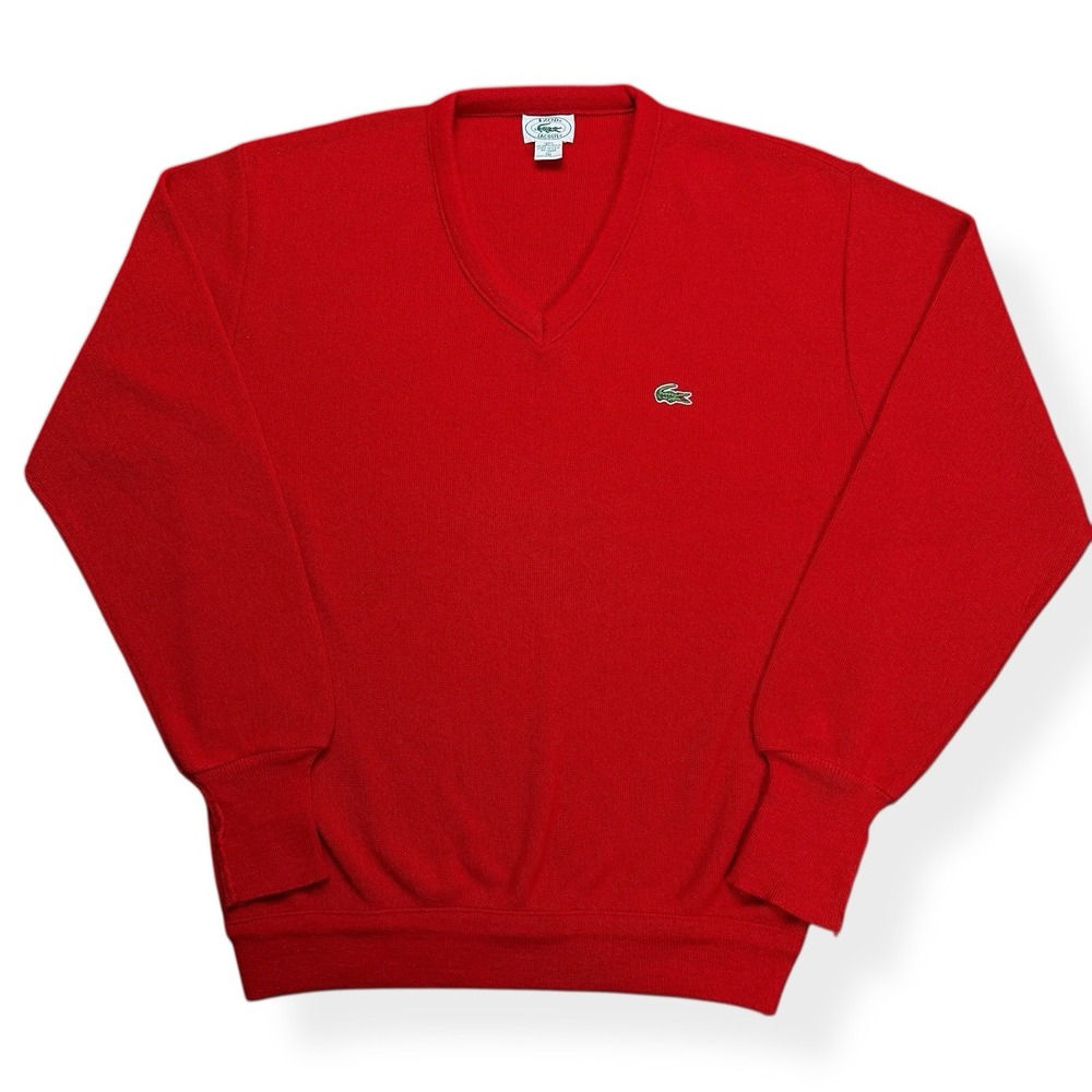 Vintage IZOD Lacoste Sweater‎ Men's XL Red Grandpa V Neck Cotton Made in USA 80s